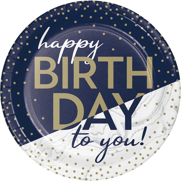 Creative Converting Navy and Gold Birthday Dessert Plates, 7", 96PK 357591 - main